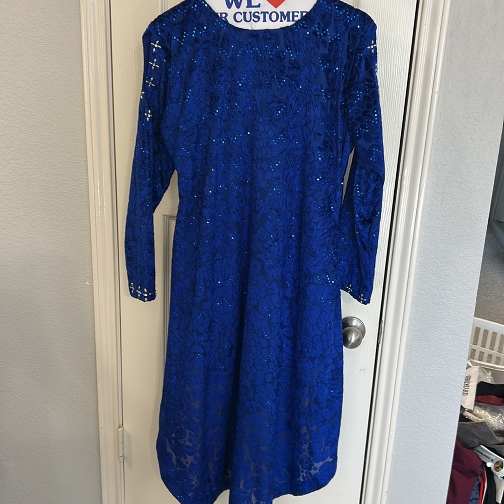 Kurta royal Blue velvet tunic top pearl silver embellishments. Size S pre owned - Picture 3 of 16